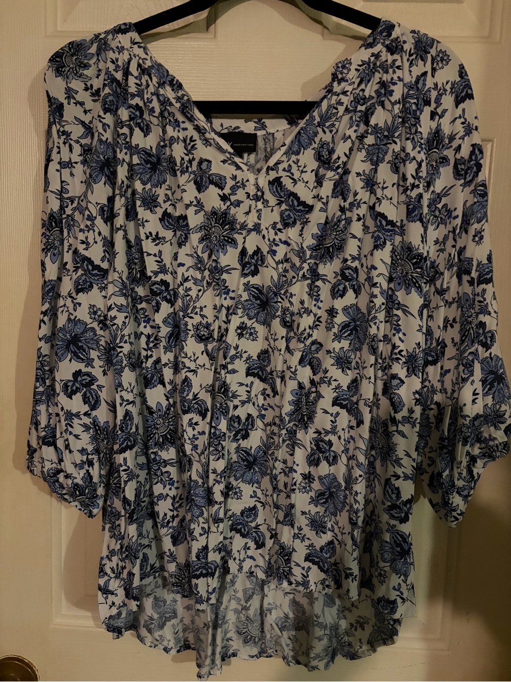 Jones New York White Blouse with Blue Floral Print
